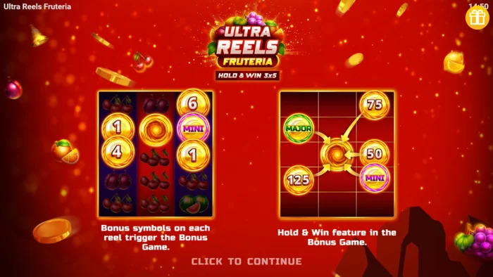 Ultra Reels Fruteria - menú de inicio y botón de lanzamiento